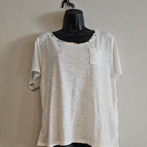 Anthropologie Meadow Rue | NWT Women's White Floral Fringe Neckline Tee Sz XL